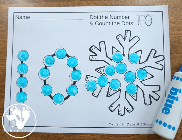 Snowman, Snowflake & Mitten Dot the Number Count the Number - this is a fun counting activity with dot markers that works on numbers 0 to 20 with color or black and white options - 3Dinosaurs.com #winteractivities #dotmaker #doadot #numbers #counting #kindergarten #prek
