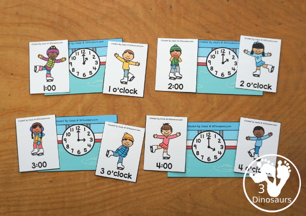 Free Skating Telling Time Matching Printable - a fun three way matching telling time activity for hourly times for kids. Easy to set up and use for an hourly time learning center - 3Dinosaurs.com