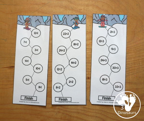 Free Skiing Division Practice Printable - 12 division strips with division from 1 to 12. You have 7 equations on each strip, a fun division practice idea for kids in third grade and fourth grade. - 3Dinosaurs.com