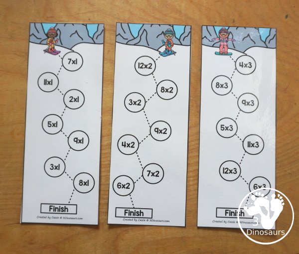 Free Skiing Multiplication Practice Printable - 12 multiplication strips with multiplication from 1 to 12. You have 7 equations on each strip, a fun multiplication practice idea for kids in third grade and fourth grade. - 3Dinosaurs.com