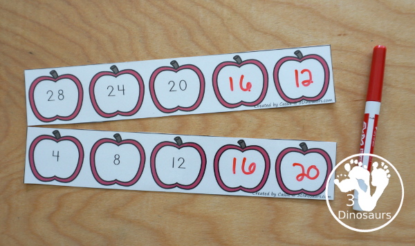 Free Fall Themed Skip Counting Strips: Apples & Pumpkins - two sets of skip counting strips for numbers 1 to 12 with two forward and two backward - 3Dinosaurs.com