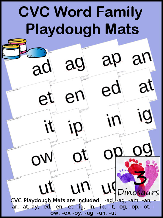 Round up of CVC Word Family Playdough Mats: -ad, -ag, -am, -an, -ar, -at, ay, -ed, -en, -et, -ig, -in, -ip, -it, -og, -op, -ot, -ow, -ox -oy, -ug, -un, -ut - 3Dinosaurs.com