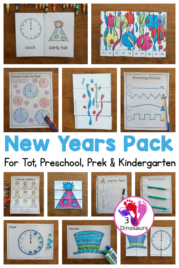 Free New Years Packs for Tot, Preschool, PreK and Kindergarten - with a mix of hands-on and no-prep activities for New Year with over 50 pages of free printables for prek and kindergarten and 12 pages free for tot and preschool - 3Dinosaurs.com
