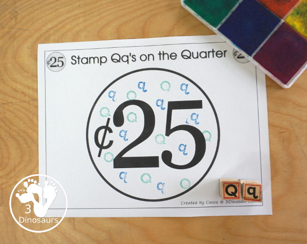 Free Romping & Roaring Q Pack: Letter Q is for Quarter - a letter Q pack that has prewriting, finding letters, tracing letters, coloring pages, shapes, puzzles and more - 3Dinosaurs.com