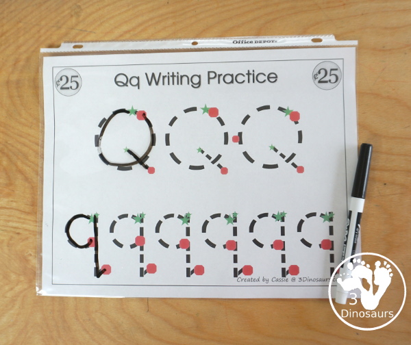 Free Romping & Roaring Q Pack: Letter Q is for Quarter - a letter Q pack that has prewriting, finding letters, tracing letters, coloring pages, shapes, puzzles and more - 3Dinosaurs.com