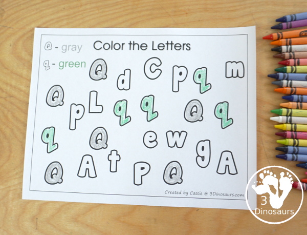Free Romping & Roaring Q Pack: Letter Q is for Quarter - a letter Q pack that has prewriting, finding letters, tracing letters, coloring pages, shapes, puzzles and more - 3Dinosaurs.com