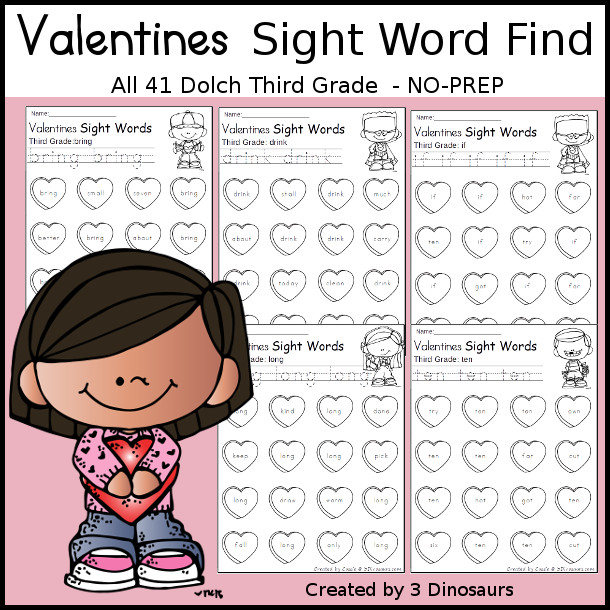 Valentines Sight Word Find: Third Grade - with 41 words to work on with tracing the words and then finding the sight word - 3Dinosaurs.com