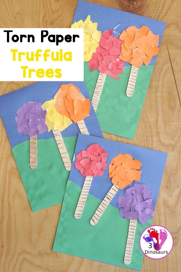 Torn Paper Truffula Trees - a fun fine motor craft to go with the book the Lorax. A great torn paper craft for kids in preschool, prek, and kindergarten. - 3Dinosaurs.com