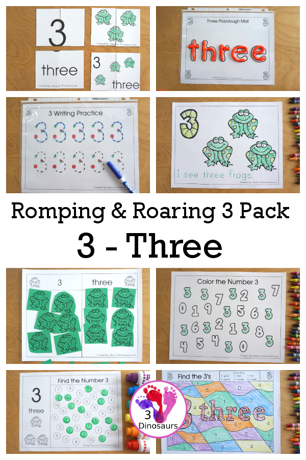 Free Romping and Roaring Number 3 Pack - with number 3 worksheets, number 3 puzzles, number 3 handwriting, number 3 dot marker worksheets and more for PreK and kindergarten age kids with a frog theme. - 3Dinosaurs.com