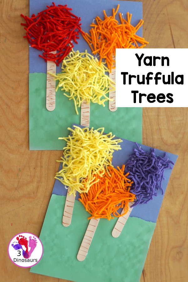 Yarn Truffula Trees - a fun and easy craft for the book The Lorax and Earth Day. You use paper, craft sticks and yarn to make the truffula trees. 3Dinosaurs.com
