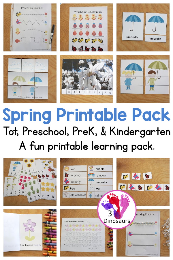 Free Spring Printable Pack for Tot, PreK & Kindergarten - with vocab cards, 3 part cards, puzzles, addition, small books, writing, pocket charts cards and more with 80 pages in the Prek & Kindergarten Spring Pack and 19 pages is in the Tot & Preschool Spring Pack - 3Dinosaurs.com