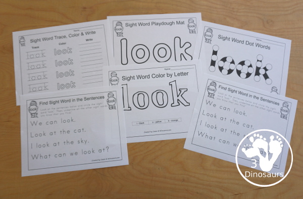 Romping & Roaring Preprimer Sight Words: look, make, me, my- 6 pages of activities for each preprimer sight words: look, make, me, my. These are great for easy to use learning centers - 3Dinosaurs.com