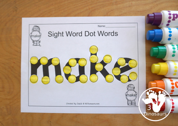 Romping & Roaring Preprimer Sight Words: look, make, me, my- 6 pages of activities for each preprimer sight words: look, make, me, my. These are great for easy to use learning centers - 3Dinosaurs.com