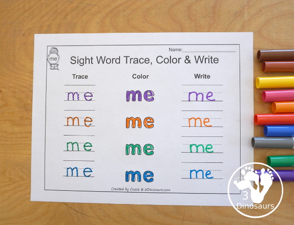 Romping & Roaring Preprimer Sight Words: look, make, me, my- 6 pages of activities for each preprimer sight words: look, make, me, my. These are great for easy to use learning centers - 3Dinosaurs.com