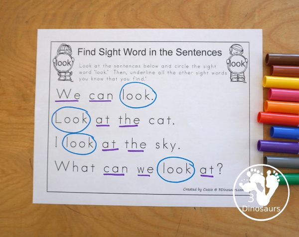 Romping & Roaring Preprimer Sight Words: look, make, me, my- 6 pages of activities for each preprimer sight words: look, make, me, my. These are great for easy to use learning centers - 3Dinosaurs.com