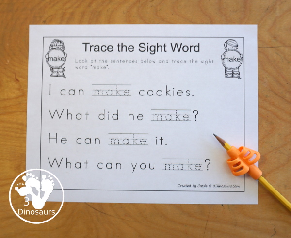 Romping & Roaring Preprimer Sight Words: look, make, me, my- 6 pages of activities for each preprimer sight words: look, make, me, my. These are great for easy to use learning centers - 3Dinosaurs.com