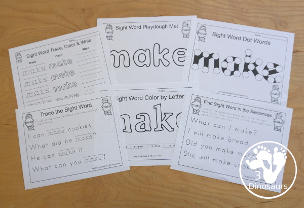 Romping & Roaring Preprimer Sight Words: look, make, me, my- 6 pages of activities for each preprimer sight words: look, make, me, my. These are great for easy to use learning centers - 3Dinosaurs.com