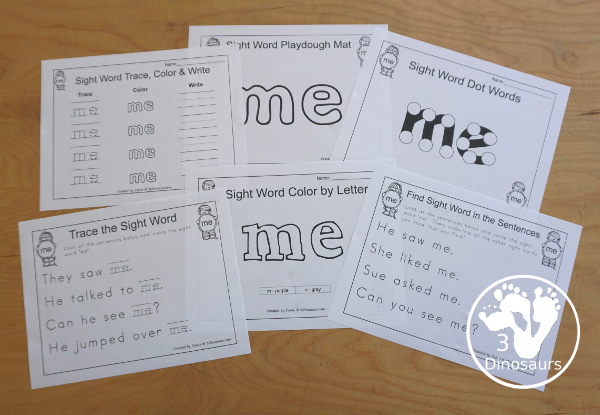 Romping & Roaring Preprimer Sight Words: look, make, me, my- 6 pages of activities for each preprimer sight words: look, make, me, my. These are great for easy to use learning centers - 3Dinosaurs.com