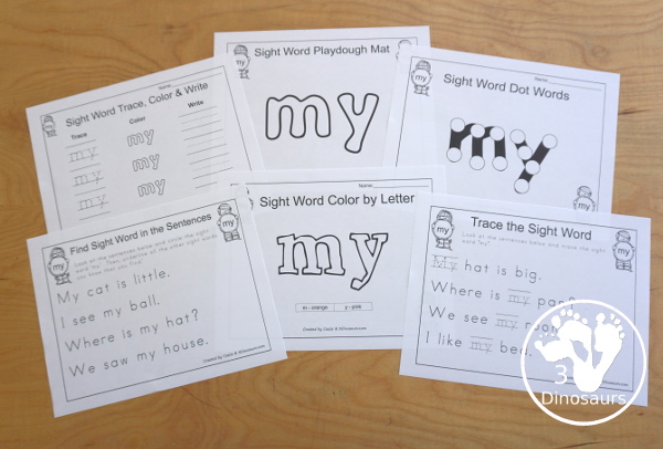 Romping & Roaring Preprimer Sight Words: look, make, me, my- 6 pages of activities for each preprimer sight words: look, make, me, my. These are great for easy to use learning centers - 3Dinosaurs.com