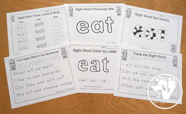 Romping & Roaring Primer Sight Word: Eat - 6 pages of activities for the sight word eat. 3Dinosaurs.com