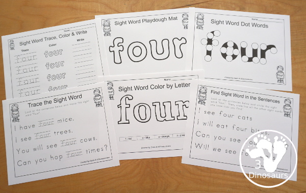 Romping & Roaring Primer Sight Word: Four - 6 pages of activities for the sight word four. 3Dinosaurs.com