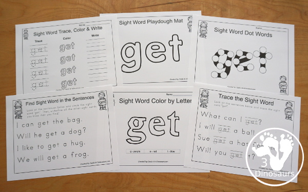 Romping & Roaring Primer Sight Word: Get - 6 pages of activities for the sight word get. 3Dinosaurs.com