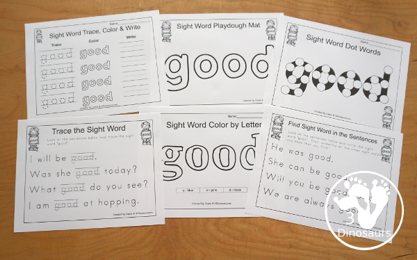 Romping & Roaring Primer Sight Word: Good - 6 pages of activities for the sight word good. 3Dinosaurs.com
