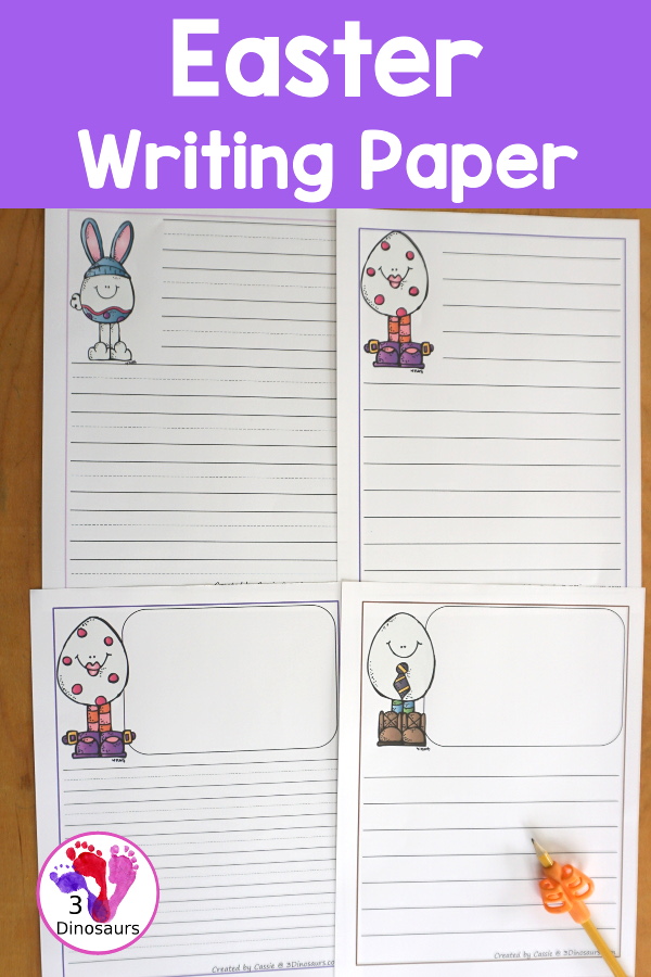 Free Easter Writing Pages has two types of prewriting lines with guidelines and single line paper options. There is with drawing window and without drawing window. 3Dinosaurs.com