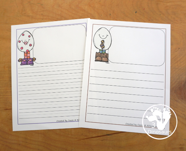 Free Easter Writing Pages has two types of prewriting lines with guidelines and single line paper options. There is with drawing window and without drawing window. 3Dinosaurs.com