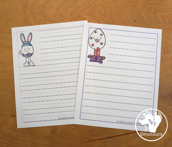 Free Easter Writing Pages has two types of prewriting lines with guidelines and single line paper options. There is with drawing window and without drawing window. 3Dinosaurs.com