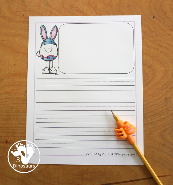 Free Easter Writing Pages has two types of prewriting lines with guidelines and single line paper options. There is with drawing window and without drawing window. 3Dinosaurs.com