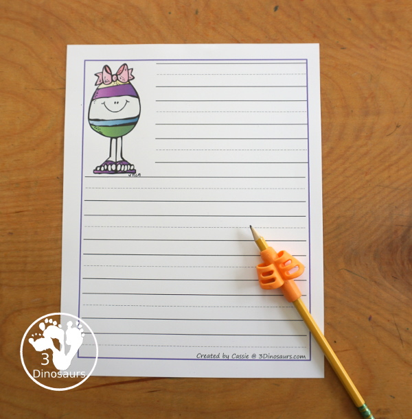 Free Easter Writing Pages has two types of prewriting lines with guidelines and single line paper options. There is with drawing window and without drawing window. 3Dinosaurs.com