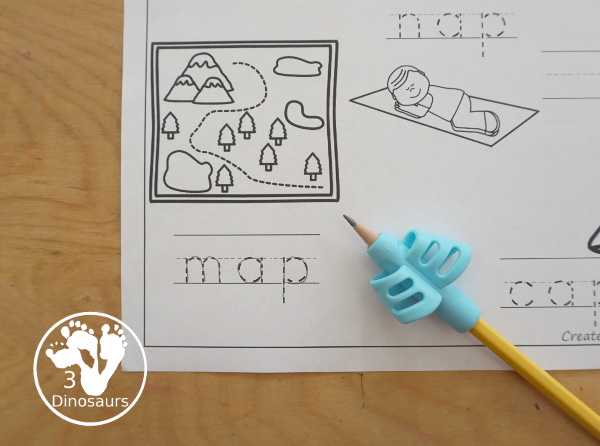 Free CVC Word Family Coloring Pages: Short A Vowel with ad, -ag, -am, -an, -ap, -ar, -at with tracing the words, coloring the pictures and draw their own short a word for the short a vowels plus ending - 3Dinosaurs.com