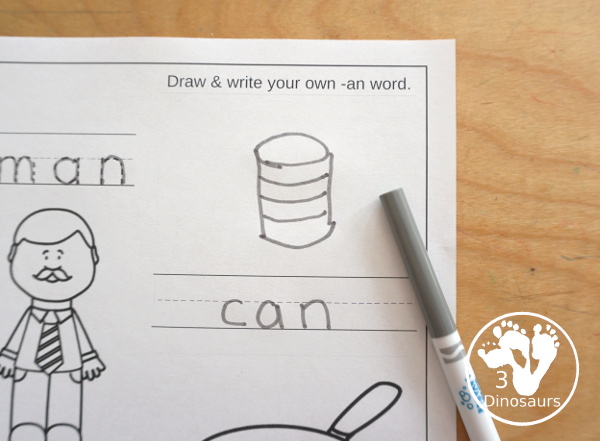 Free CVC Word Family Coloring Pages: Short A Vowel with ad, -ag, -am, -an, -ap, -ar, -at with tracing the words, coloring the pictures and draw their own short a word for the short a vowels plus ending - 3Dinosaurs.com
