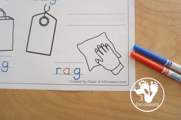Free CVC Word Family Coloring Pages: Short A Vowel with ad, -ag, -am, -an, -ap, -ar, -at with tracing the words, coloring the pictures and draw their own short a word for the short a vowels plus ending - 3Dinosaurs.com