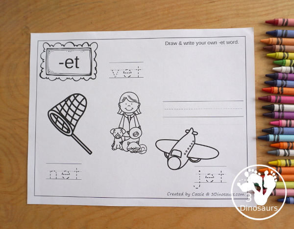 Free CVC Word Family Coloring Pages: Short E Vowel with ed, en, and et. with tracing the words, coloring the pictures and draw their own short e word for the short a vowels plus ending - 3Dinosaurs.com