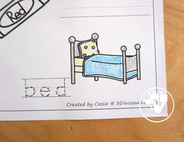 Free CVC Word Family Coloring Pages: Short E Vowel with ed, en, and et. with tracing the words, coloring the pictures and draw their own short e word for the short a vowels plus ending - 3Dinosaurs.com