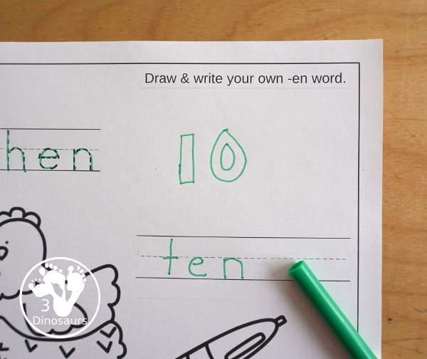 Free CVC Word Family Coloring Pages: Short E Vowel with ed, en, and et. with tracing the words, coloring the pictures and draw their own short e word for the short a vowels plus ending - 3Dinosaurs.com