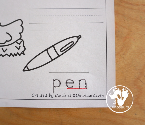 Free CVC Word Family Coloring Pages: Short E Vowel with ed, en, and et. with tracing the words, coloring the pictures and draw their own short e word for the short a vowels plus ending - 3Dinosaurs.com