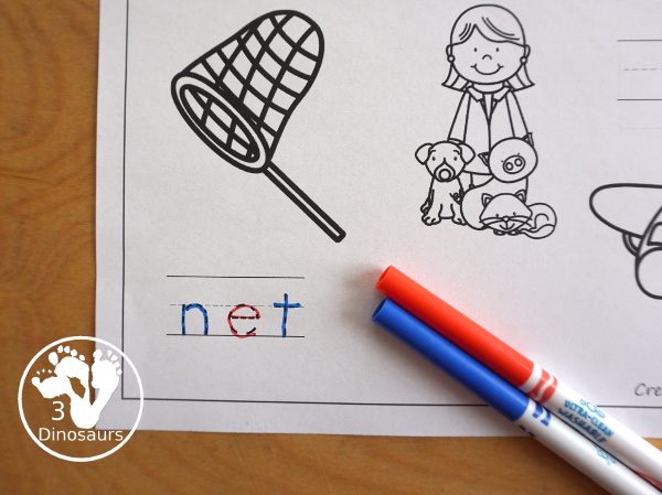 Free CVC Word Family Coloring Pages: Short E Vowel with ed, en, and et. with tracing the words, coloring the pictures and draw their own short e word for the short a vowels plus ending - 3Dinosaurs.com