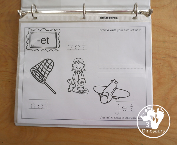 Free CVC Word Family Coloring Pages: Short E Vowel with ed, en, and et. with tracing the words, coloring the pictures and draw their own short e word for the short a vowels plus ending - 3Dinosaurs.com