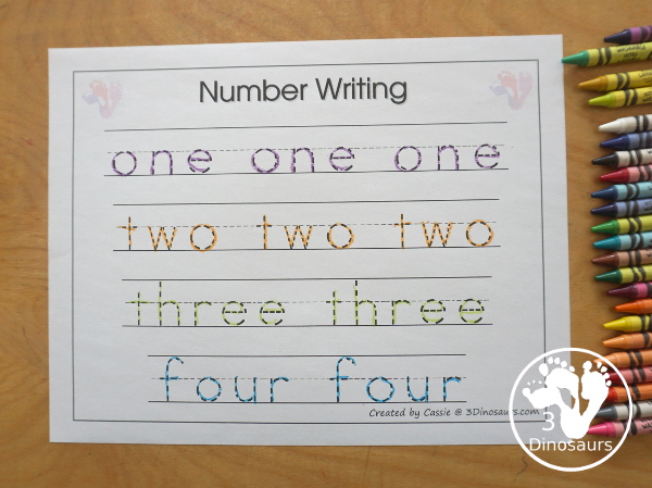 Free Romping & Roaring Number 1,2 , 3, 4 Review Pack with a mix of hands-on and no-prep number worksheets in black and white that work on review numbers 1, 2, 3, 4 - 3Dinosaurs.com
