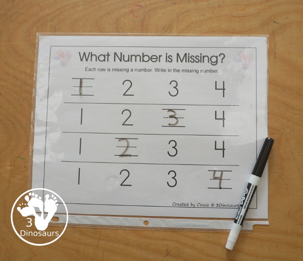 Free Romping & Roaring Number 1,2 , 3, 4 Review Pack with a mix of hands-on and no-prep number worksheets in black and white that work on review numbers 1, 2, 3, 4 - 3Dinosaurs.com