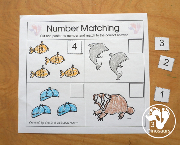Free Romping & Roaring Number 1,2 , 3, 4 Review Pack with a mix of hands-on and no-prep number worksheets in black and white that work on review numbers 1, 2, 3, 4 - 3Dinosaurs.com