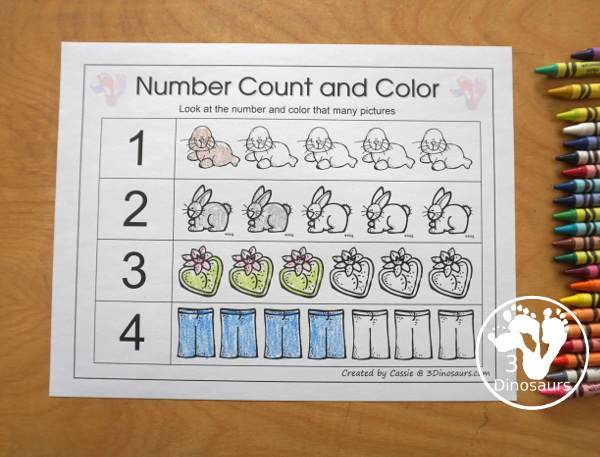 Free Romping & Roaring Number 1,2 , 3, 4 Review Pack with a mix of hands-on and no-prep number worksheets in black and white that work on review numbers 1, 2, 3, 4 - 3Dinosaurs.com