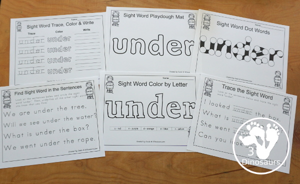 Free Romping & Roaring Primer Sight Word: Under - you have 6 pages for each sight word that work on learning the sight word in different ways with reading, writing, and finding. 3Dinosaurs.com