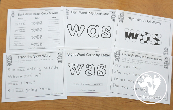 Free Romping & Roaring Primer Sight Word: Was - you have 6 pages for each sight word that work on learning the sight word in different ways with reading, writing, and finding. 3Dinosaurs.com