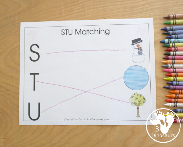 Free Romping & Roaring STU Review Pack- with letter s, letter t, and letter u printables for reviewing the three letters with tracing, puzzles, coloring pages, finger puppets, game and more- 3Dinosaurs.com