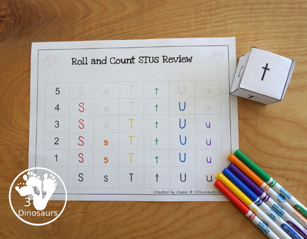 Free Romping & Roaring STU Review Pack- with letter s, letter t, and letter u printables for reviewing the three letters with tracing, puzzles, coloring pages, finger puppets, game and more- 3Dinosaurs.com