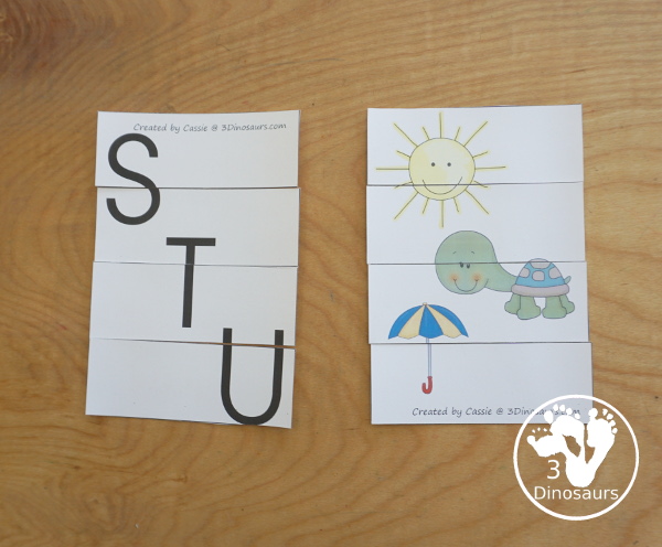 Free Romping & Roaring STU Review Pack- with letter s, letter t, and letter u printables for reviewing the three letters with tracing, puzzles, coloring pages, finger puppets, game and more- 3Dinosaurs.com
